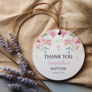 Pink Floral Girl Baptism Favor Tag