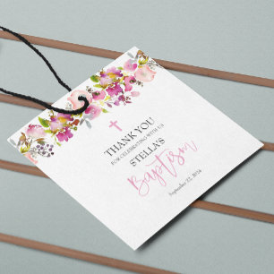 Pink Floral Girl Baptism Favor Tag