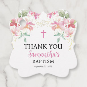 Pink Floral Girl Baptism Favor Tag