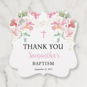 Pink Floral Girl Baptism Favor Tag
