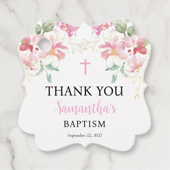 Pink Floral Girl Baptism Favor Tag (Front)