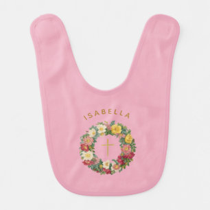 Pink Floral Girl Baptism Gold Cross in Rose Wreath Baby Bib