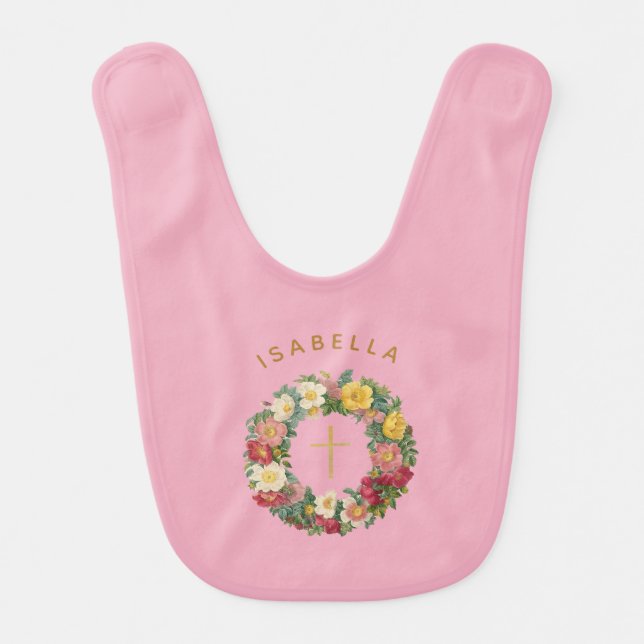 Pink Floral Girl Baptism Gold Cross in Rose Wreath Baby Bib (Front)
