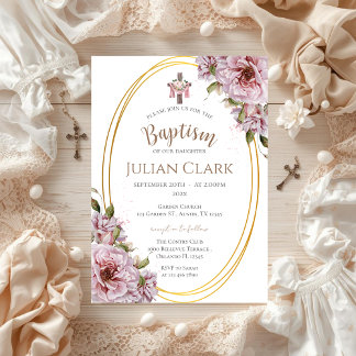 Pink Floral Girl Baptism Invitation