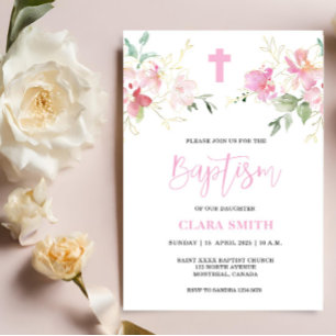 Pink Floral Girl Baptism invitation