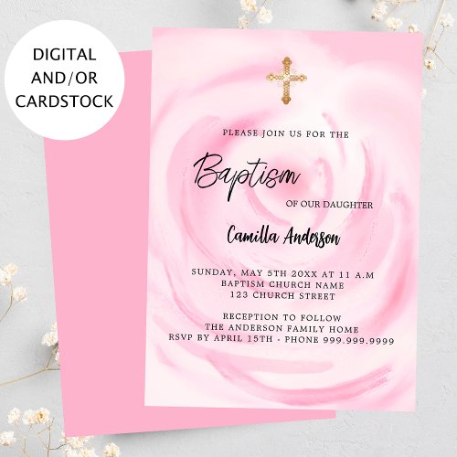 Pink floral girl Baptism Invitation