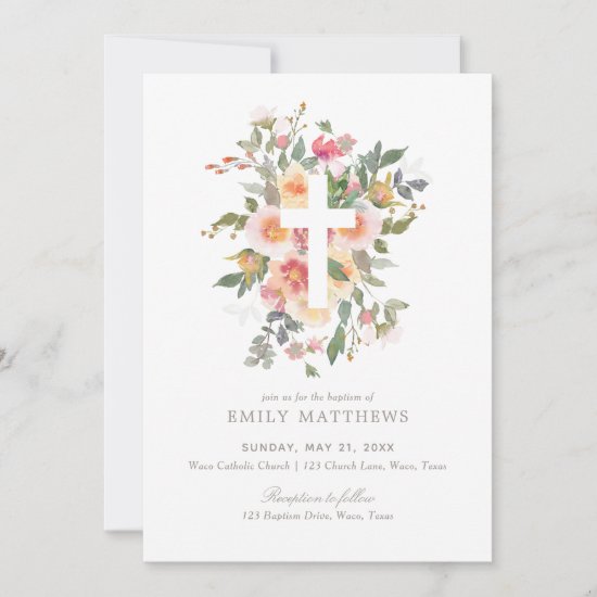 Pink Floral Girl Baptism Invitation