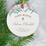 Pink floral girl baptism personalized God bless Ceramic Ornament<br><div class="desc">Watercolor blush pink magnolia flowers,  green foliage,  and eucalyptus leaves and a classy handwritten style calligraphy script making a beautiful girl baptism personalized Christmas keepsake white tree ornament.</div>