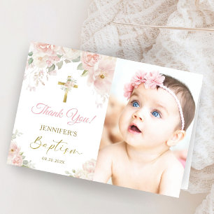 Pink Floral Girl Baptism Photo Folded Thank You Card