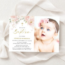 Pink Floral Girl Baptism Photo Invitation