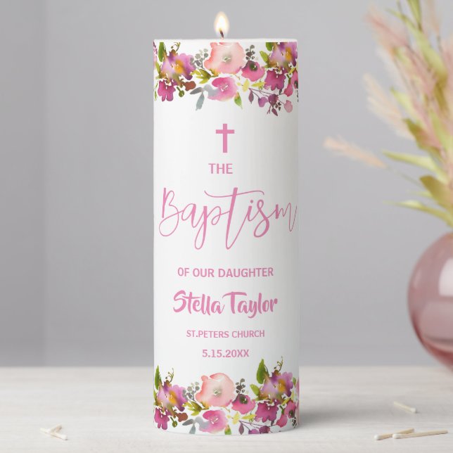Pink Floral Girl Baptism  Pillar Candle (In Situ)