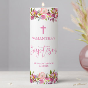 Pink Floral Girl Baptism Pillar Candle