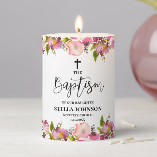 Pink Floral Girl Baptism Pillar Candle