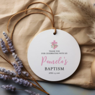 Pink Floral Girl Baptism Round Favor Tags