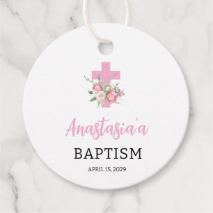 Pink Floral Girl Baptism Round Favor Tags