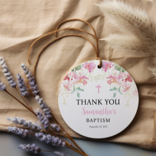 Pink Floral Girl Baptism Scalloped Favor Tag