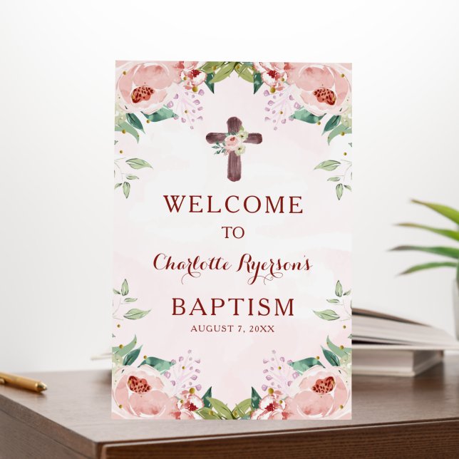 Pink Floral Girl Baptism Welcome Foam Board (In Situ (Office))
