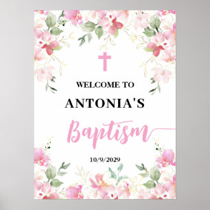 Pink Floral Girl Baptism Welcome Poster