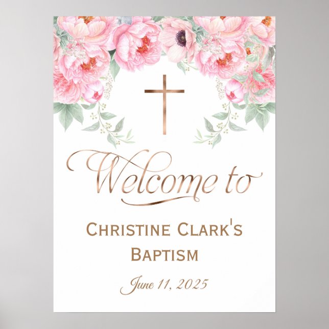 Pink, Floral, Girl, Baptism Welcome Sign, 18x24 Poster (Front)