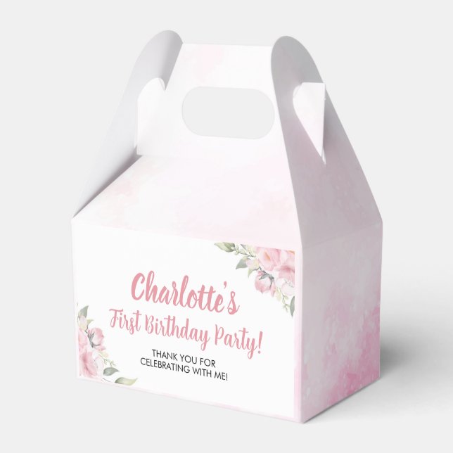 Pink Floral Girl Birthday Favor Box (Front Side)