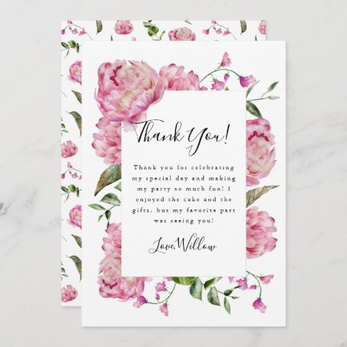 Pink Floral Girl Birthday Party   Thank You Card