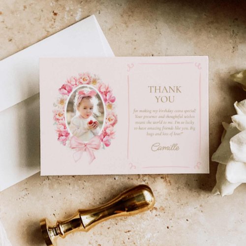 Pink Floral Girl Birthday Photo Thank You Card