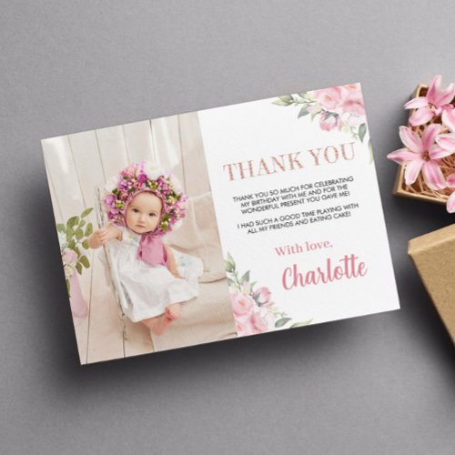 Pink Floral Girl Birthday Photo Thank You Card