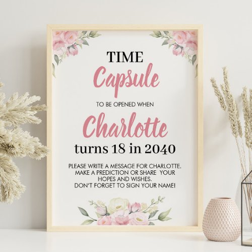 Pink Floral Girl Birthday Time Capsule Sign