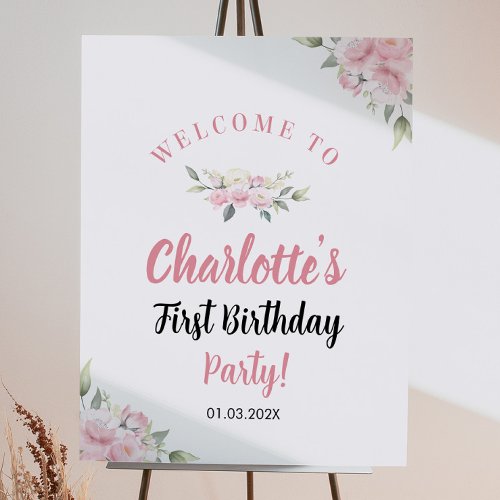 Pink Floral Girl Birthday Welcome Sign