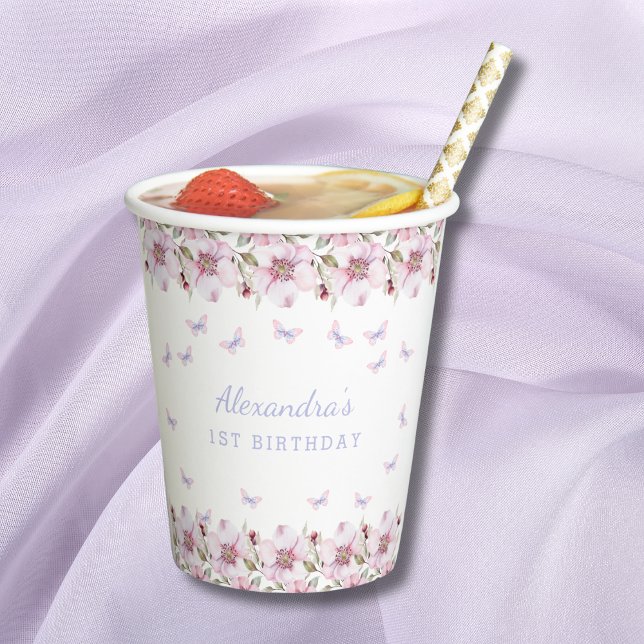 Pink Floral Girl Butterfly 1st Birthday Paper Cups (Creator Uploaded)