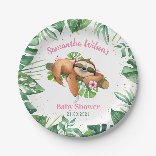 Pink Floral Girl Cute Sloth Baby Shower Paper Plat Plates (Front)