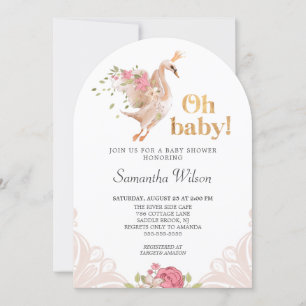 Pink Floral Girl Cute Swan Princess Baby Shower In Invitation