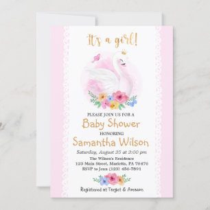 Pink Floral Girl Cute Swan Princess Baby Shower Invitation