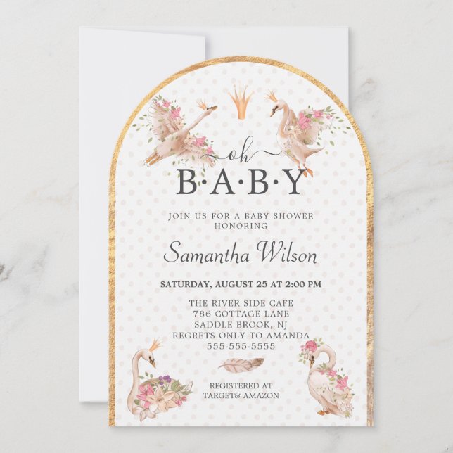 Pink Floral Girl Cute Swan Princess Baby Shower Invitation (Front)