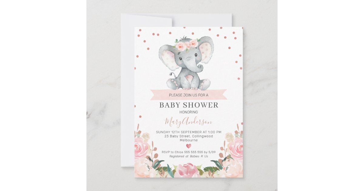 Pink Floral Girl Elephant Baby Shower Invitation | Zazzle