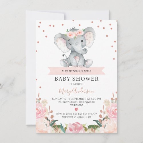 Pink Floral Girl Elephant Baby Shower Invitation