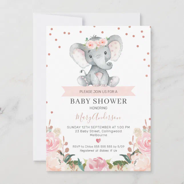 Pink Floral Girl Elephant Baby Shower Invitation | Zazzle