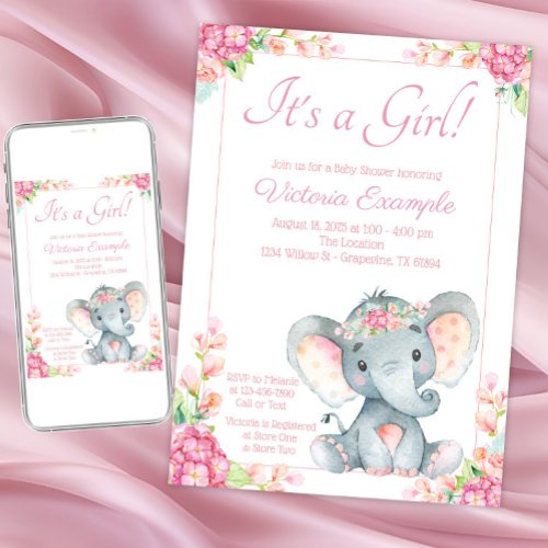 Pink Floral Girl Elephant Baby Shower Invitation