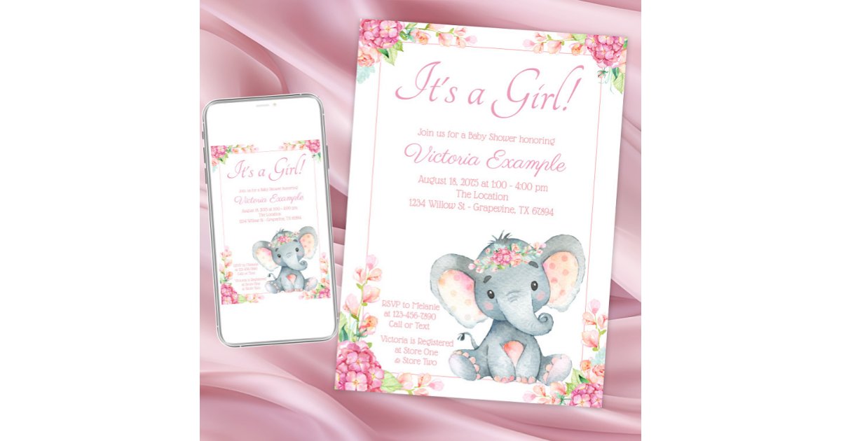Pink Floral Girl Elephant Baby Shower Invitation | Zazzle