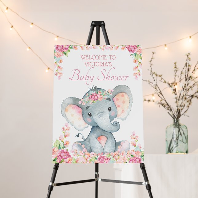 Pink Floral Girl Elephant Baby Shower Welcome Sign (In Situ (Stand))