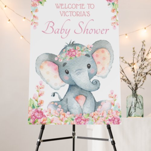 Pink Floral Girl Elephant Baby Shower Welcome Sign