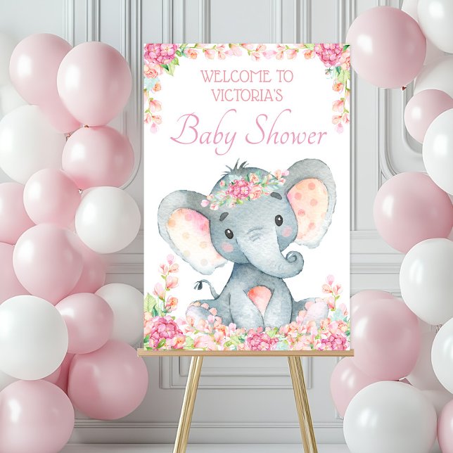 Pink Floral Girl Elephant Baby Shower Welcome Sign (Girl elephant baby shower welcome sign. Simply add your event details.)