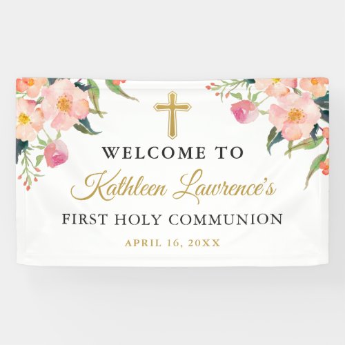 Pink Floral Girl First Holy Communion Banner