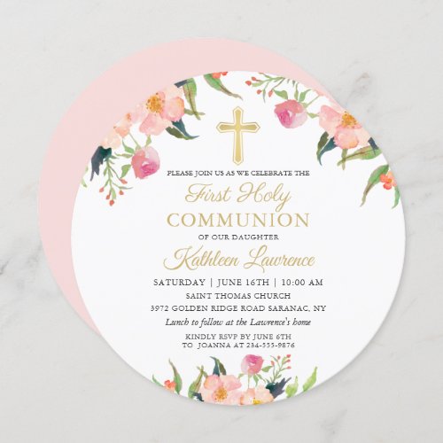 Pink Floral Girl First Holy Communion Circle Invitation