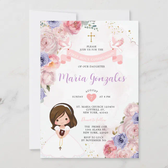 Pink Floral Girl First Holy Communion Gold Cross Invitation | Zazzle