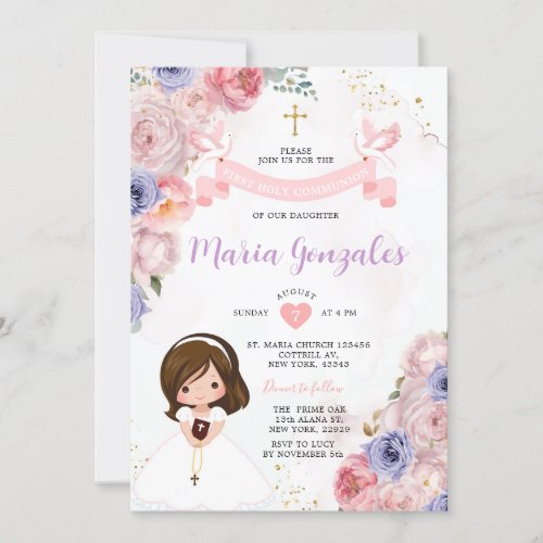 Pink Floral Girl First Holy Communion Gold Cross Invitation