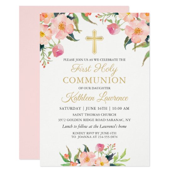 Pink Floral Girl First Holy Communion Invitation