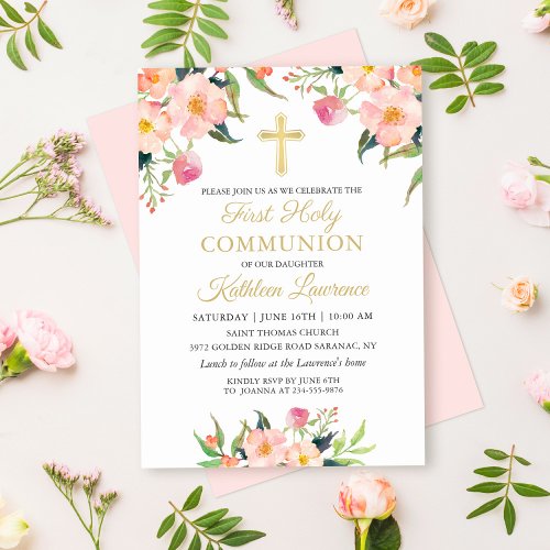 Pink Floral Girl First Holy Communion Invitation