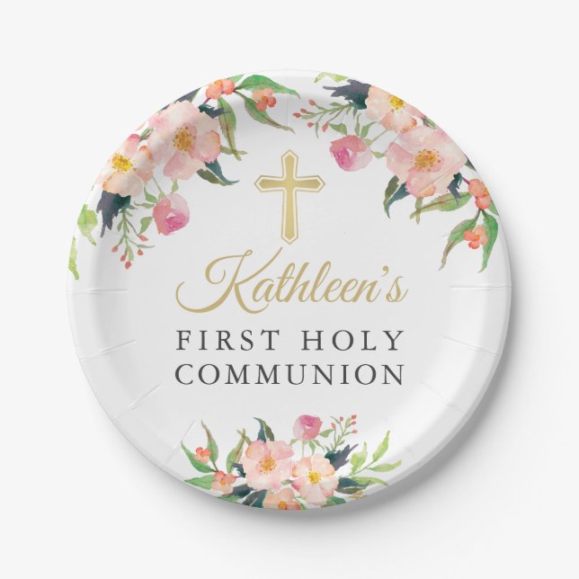 Pink Floral Girl First Holy Communion Paper Plates (Front)