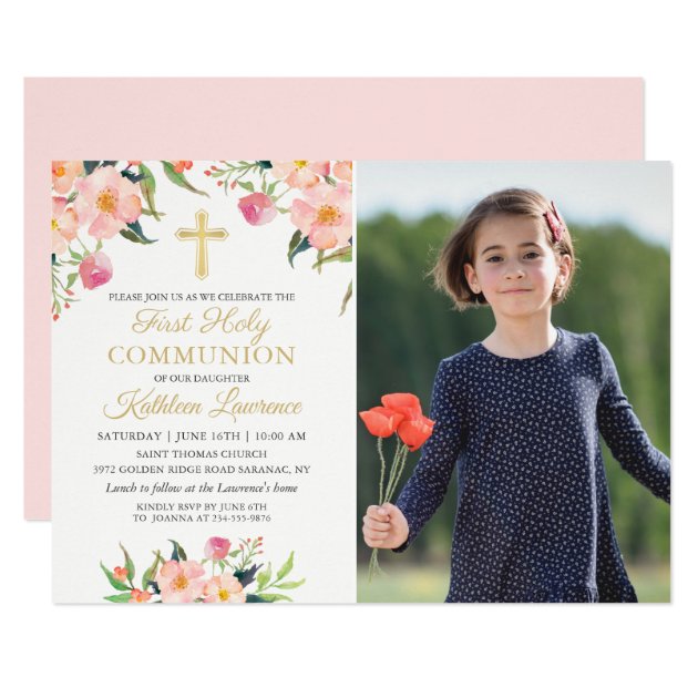 Pink Floral Girl First Holy Communion Photo Invite